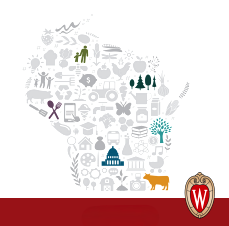 Wisconsin map filled with different icons showcasing what Extension does.